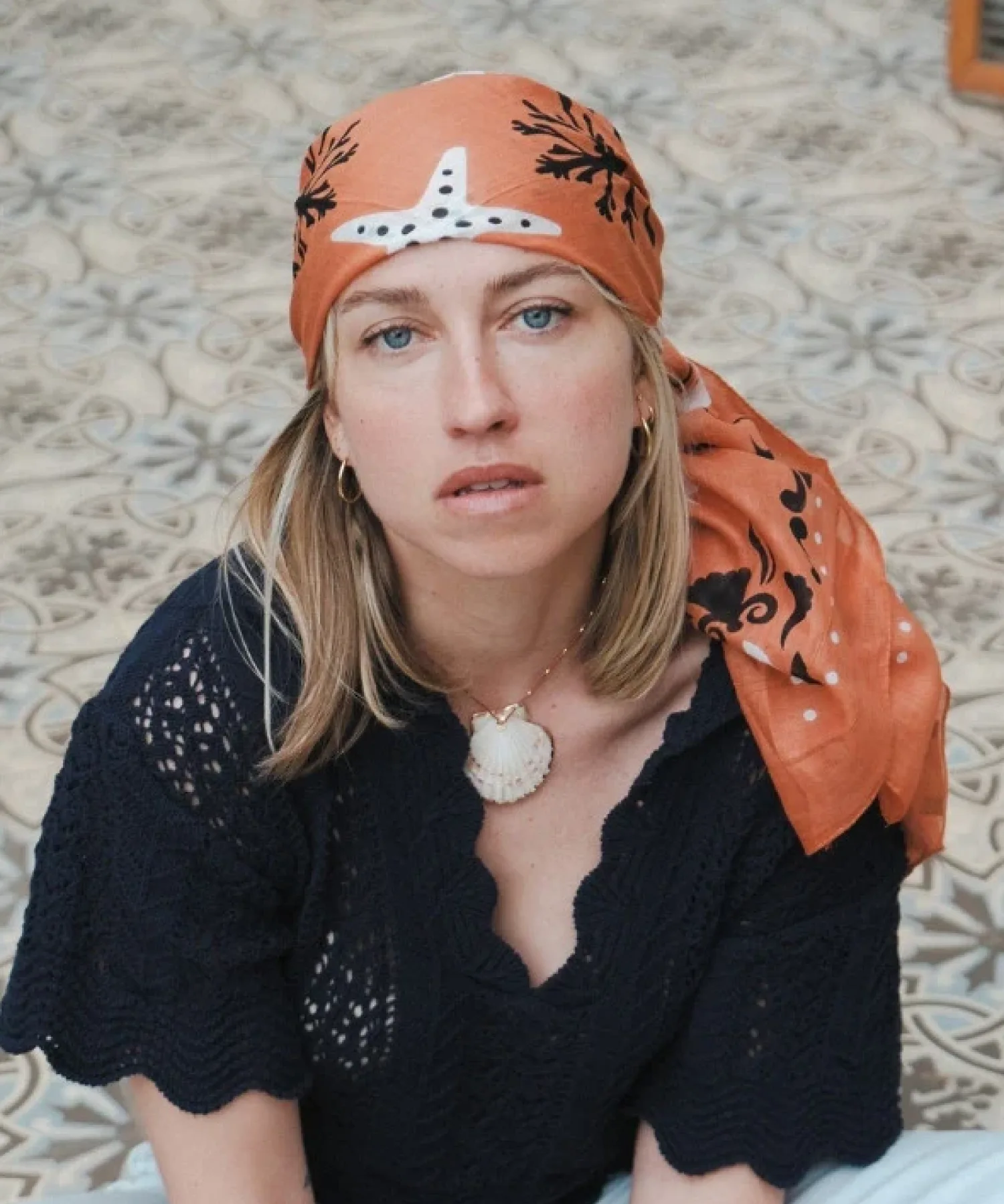 Foulard en coton Bandana Crustacés - rose corail - Maison Lecomte Flament | Manoir Plume